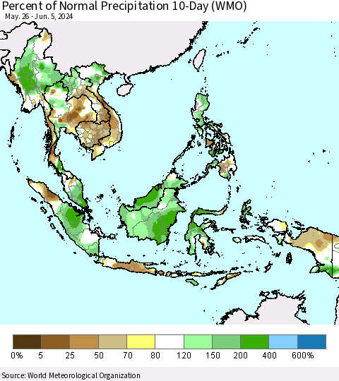South East Asia Percent of Normal Precipitation 10-Day (WMO) Thematic Map For 5/26/2024 - 6/5/2024