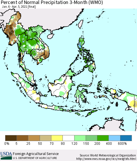 South East Asia Percent of Normal Precipitation 3-Month (WMO) Thematic Map For 1/6/2021 - 4/5/2021