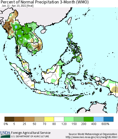 South East Asia Percent of Normal Precipitation 3-Month (WMO) Thematic Map For 1/11/2021 - 4/10/2021
