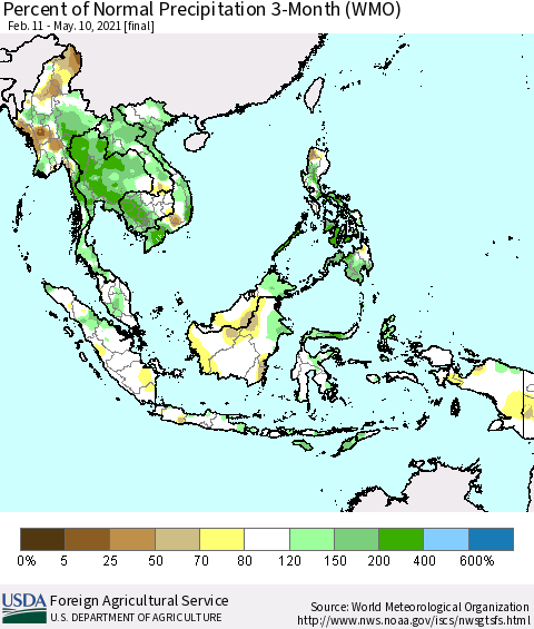 South East Asia Percent of Normal Precipitation 3-Month (WMO) Thematic Map For 2/11/2021 - 5/10/2021