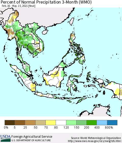South East Asia Percent of Normal Precipitation 3-Month (WMO) Thematic Map For 2/16/2021 - 5/15/2021
