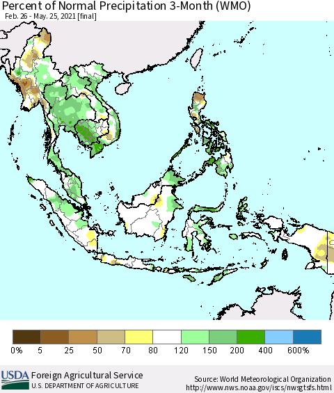 South East Asia Percent of Normal Precipitation 3-Month (WMO) Thematic Map For 2/26/2021 - 5/25/2021