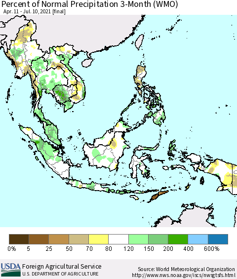 South East Asia Percent of Normal Precipitation 3-Month (WMO) Thematic Map For 4/11/2021 - 7/10/2021