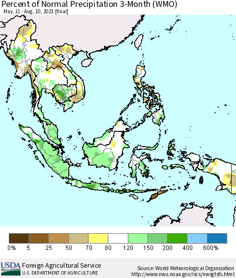 South East Asia Percent of Normal Precipitation 3-Month (WMO) Thematic Map For 5/11/2021 - 8/10/2021