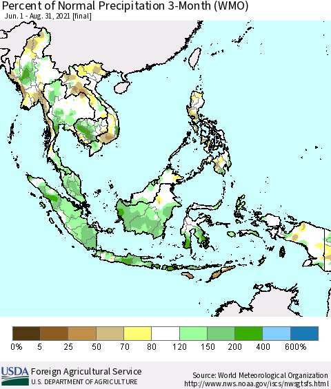 South East Asia Percent of Normal Precipitation 3-Month (WMO) Thematic Map For 6/1/2021 - 8/31/2021