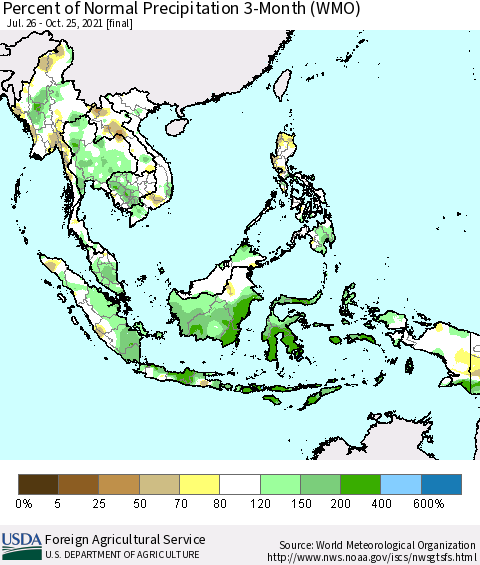 South East Asia Percent of Normal Precipitation 3-Month (WMO) Thematic Map For 7/26/2021 - 10/25/2021