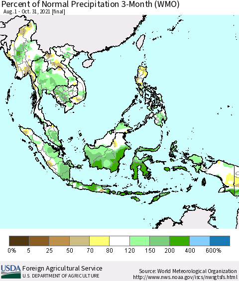 South East Asia Percent of Normal Precipitation 3-Month (WMO) Thematic Map For 8/1/2021 - 10/31/2021