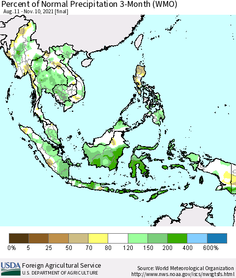 South East Asia Percent of Normal Precipitation 3-Month (WMO) Thematic Map For 8/11/2021 - 11/10/2021