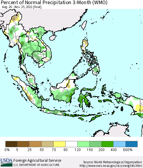 South East Asia Percent of Normal Precipitation 3-Month (WMO) Thematic Map For 8/26/2021 - 11/25/2021