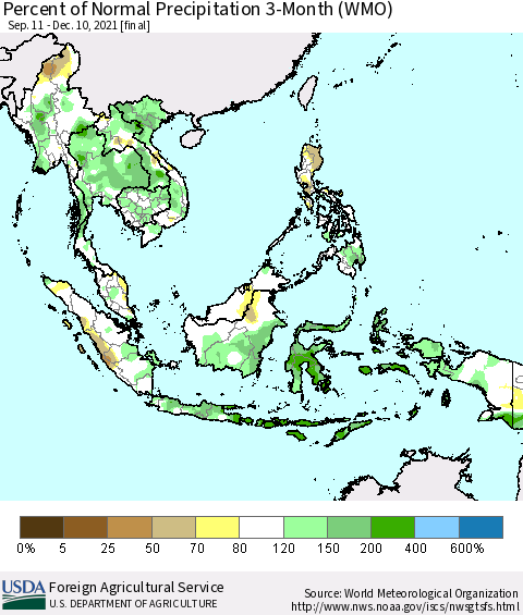 South East Asia Percent of Normal Precipitation 3-Month (WMO) Thematic Map For 9/11/2021 - 12/10/2021