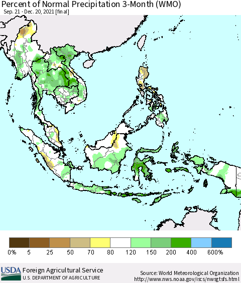 South East Asia Percent of Normal Precipitation 3-Month (WMO) Thematic Map For 9/21/2021 - 12/20/2021