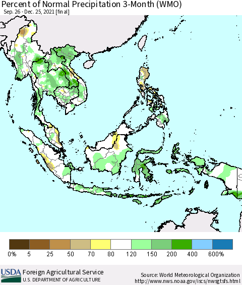 South East Asia Percent of Normal Precipitation 3-Month (WMO) Thematic Map For 9/26/2021 - 12/25/2021
