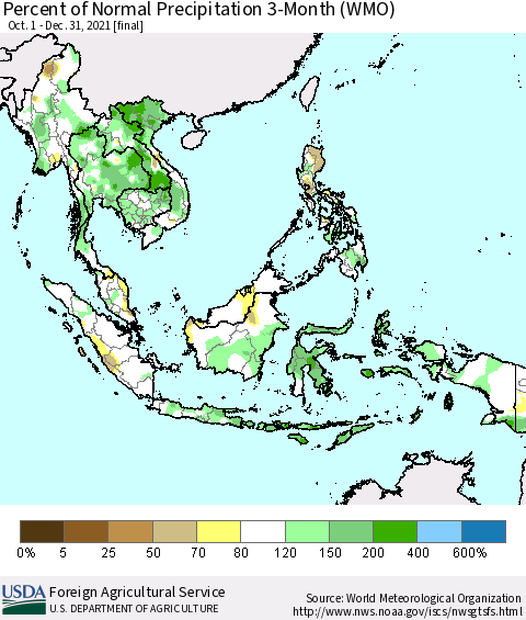 South East Asia Percent of Normal Precipitation 3-Month (WMO) Thematic Map For 10/1/2021 - 12/31/2021