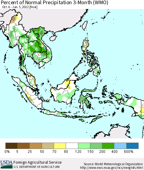 South East Asia Percent of Normal Precipitation 3-Month (WMO) Thematic Map For 10/6/2021 - 1/5/2022