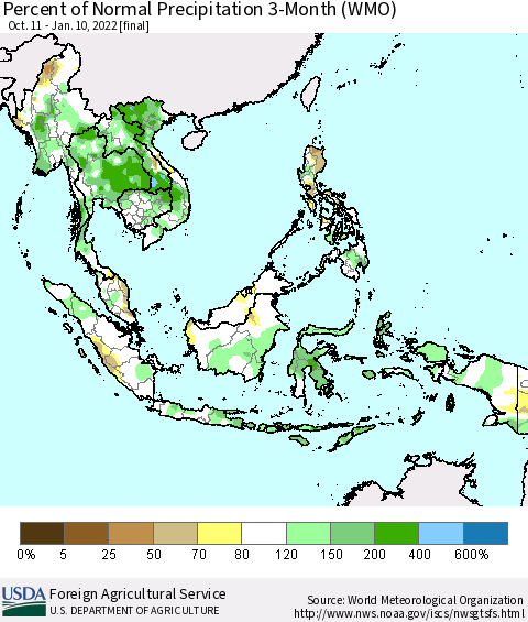 South East Asia Percent of Normal Precipitation 3-Month (WMO) Thematic Map For 10/11/2021 - 1/10/2022