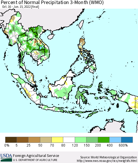South East Asia Percent of Normal Precipitation 3-Month (WMO) Thematic Map For 10/16/2021 - 1/15/2022