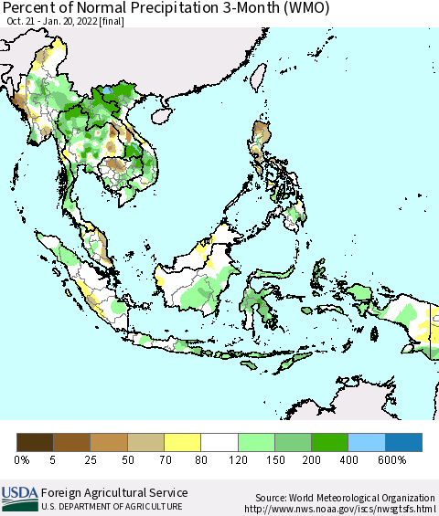 South East Asia Percent of Normal Precipitation 3-Month (WMO) Thematic Map For 10/21/2021 - 1/20/2022