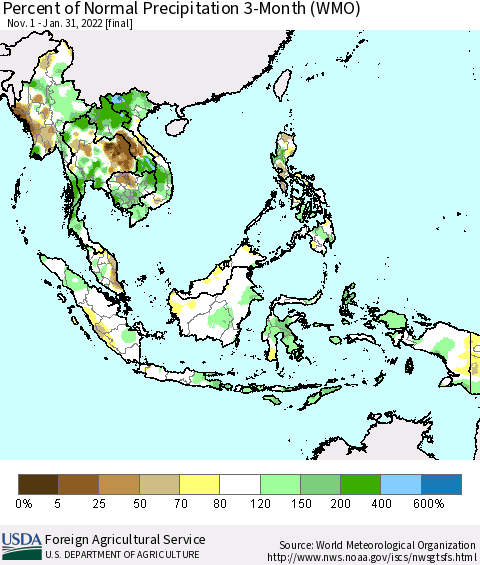 South East Asia Percent of Normal Precipitation 3-Month (WMO) Thematic Map For 11/1/2021 - 1/31/2022