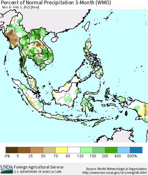 South East Asia Percent of Normal Precipitation 3-Month (WMO) Thematic Map For 11/6/2021 - 2/5/2022