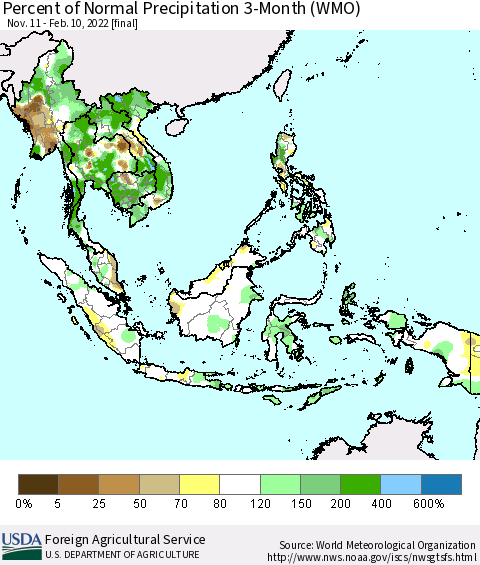 South East Asia Percent of Normal Precipitation 3-Month (WMO) Thematic Map For 11/11/2021 - 2/10/2022