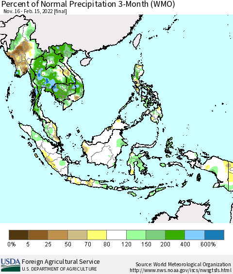 South East Asia Percent of Normal Precipitation 3-Month (WMO) Thematic Map For 11/16/2021 - 2/15/2022