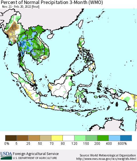 South East Asia Percent of Normal Precipitation 3-Month (WMO) Thematic Map For 11/21/2021 - 2/20/2022