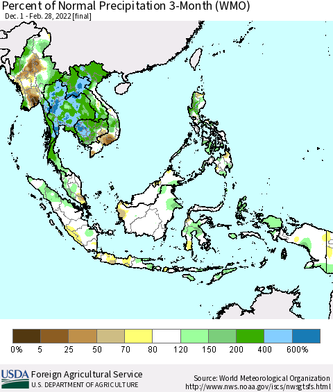 South East Asia Percent of Normal Precipitation 3-Month (WMO) Thematic Map For 12/1/2021 - 2/28/2022