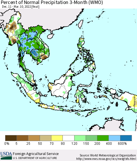 South East Asia Percent of Normal Precipitation 3-Month (WMO) Thematic Map For 12/11/2021 - 3/10/2022