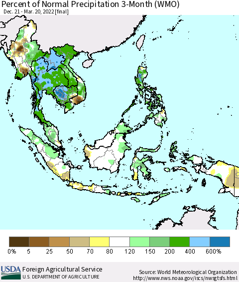 South East Asia Percent of Normal Precipitation 3-Month (WMO) Thematic Map For 12/21/2021 - 3/20/2022