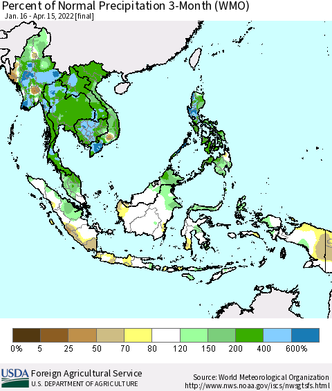 South East Asia Percent of Normal Precipitation 3-Month (WMO) Thematic Map For 1/16/2022 - 4/15/2022