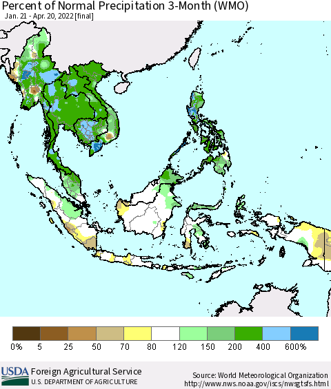South East Asia Percent of Normal Precipitation 3-Month (WMO) Thematic Map For 1/21/2022 - 4/20/2022