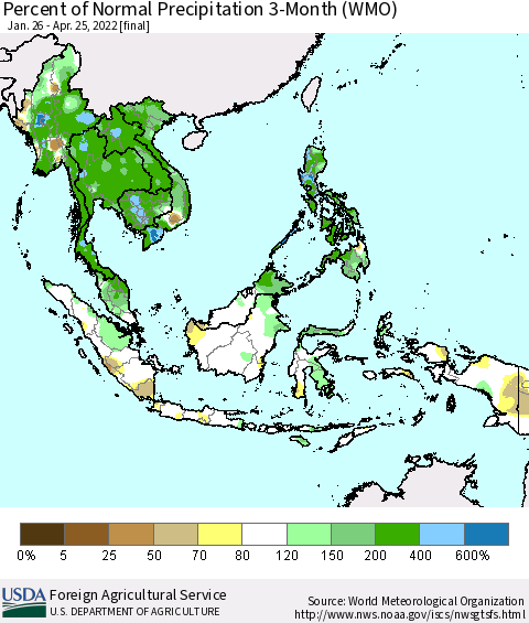 South East Asia Percent of Normal Precipitation 3-Month (WMO) Thematic Map For 1/26/2022 - 4/25/2022