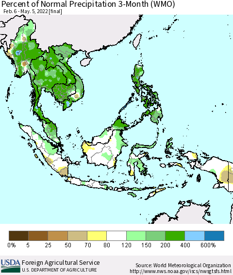 South East Asia Percent of Normal Precipitation 3-Month (WMO) Thematic Map For 2/6/2022 - 5/5/2022