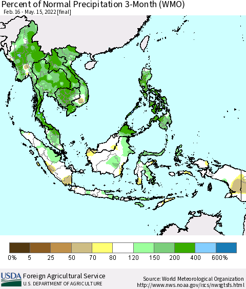 South East Asia Percent of Normal Precipitation 3-Month (WMO) Thematic Map For 2/16/2022 - 5/15/2022