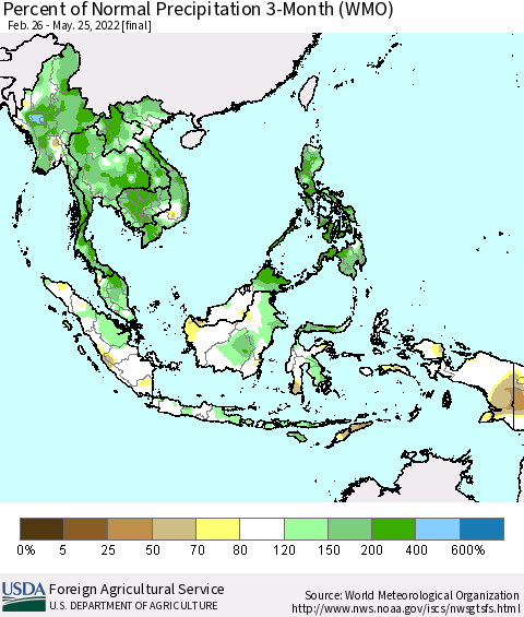 South East Asia Percent of Normal Precipitation 3-Month (WMO) Thematic Map For 2/26/2022 - 5/25/2022