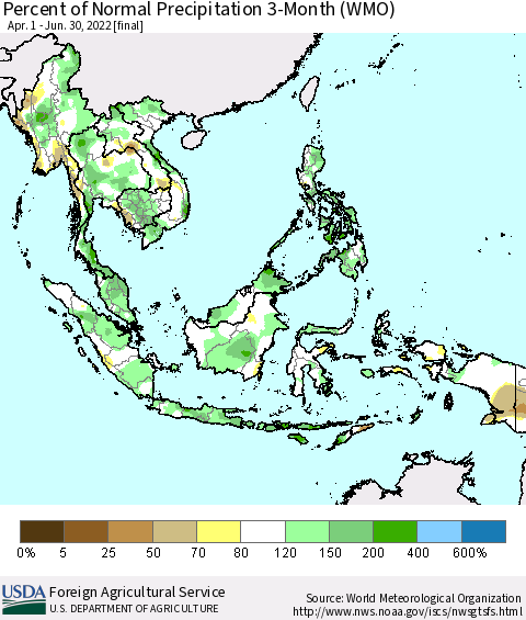 South East Asia Percent of Normal Precipitation 3-Month (WMO) Thematic Map For 4/1/2022 - 6/30/2022