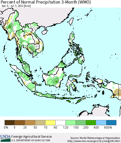South East Asia Percent of Normal Precipitation 3-Month (WMO) Thematic Map For 4/6/2022 - 7/5/2022