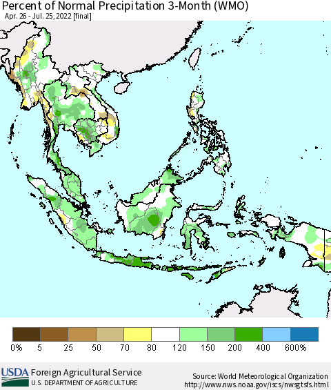 South East Asia Percent of Normal Precipitation 3-Month (WMO) Thematic Map For 4/26/2022 - 7/25/2022