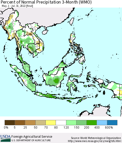 South East Asia Percent of Normal Precipitation 3-Month (WMO) Thematic Map For 5/1/2022 - 7/31/2022