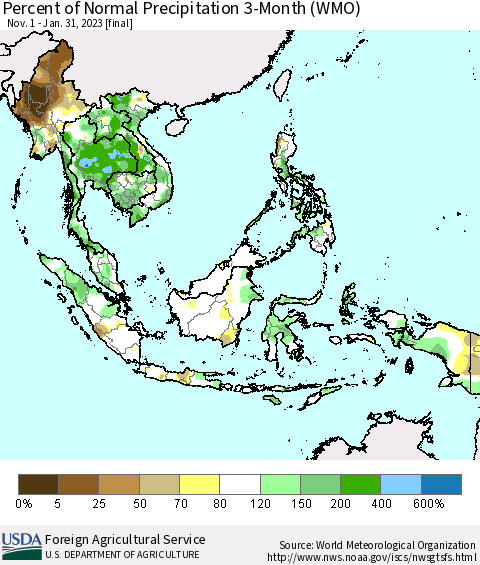 South East Asia Percent of Normal Precipitation 3-Month (WMO) Thematic Map For 11/1/2022 - 1/31/2023