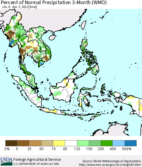 South East Asia Percent of Normal Precipitation 3-Month (WMO) Thematic Map For 1/6/2023 - 4/5/2023