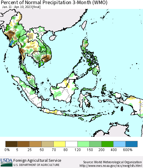 South East Asia Percent of Normal Precipitation 3-Month (WMO) Thematic Map For 1/11/2023 - 4/10/2023