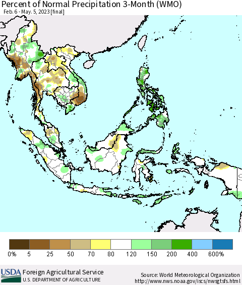 South East Asia Percent of Normal Precipitation 3-Month (WMO) Thematic Map For 2/6/2023 - 5/5/2023