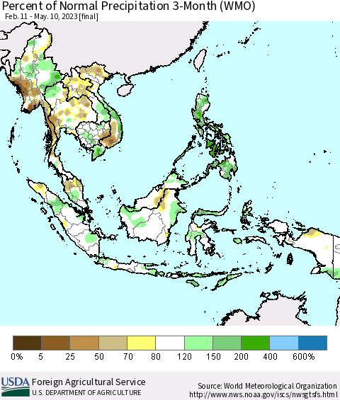 South East Asia Percent of Normal Precipitation 3-Month (WMO) Thematic Map For 2/11/2023 - 5/10/2023