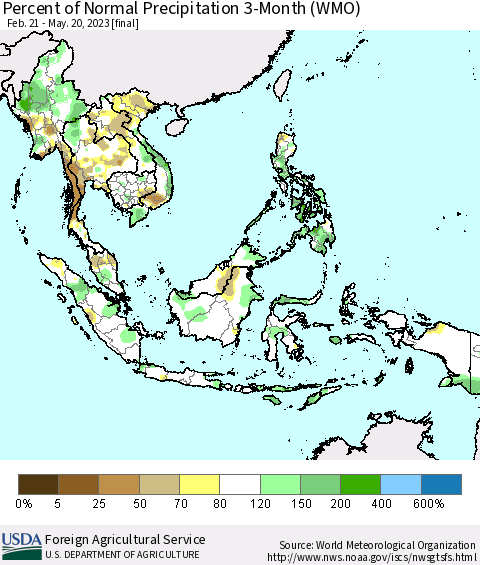 South East Asia Percent of Normal Precipitation 3-Month (WMO) Thematic Map For 2/21/2023 - 5/20/2023