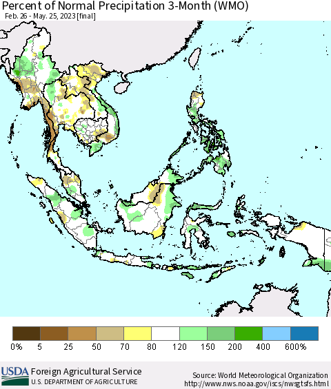 South East Asia Percent of Normal Precipitation 3-Month (WMO) Thematic Map For 2/26/2023 - 5/25/2023