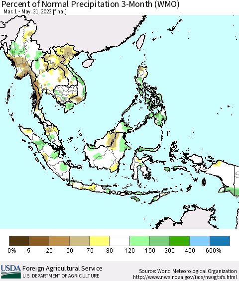 South East Asia Percent of Normal Precipitation 3-Month (WMO) Thematic Map For 3/1/2023 - 5/31/2023