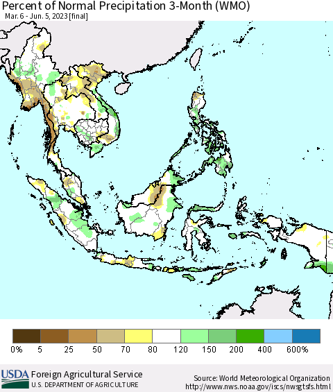 South East Asia Percent of Normal Precipitation 3-Month (WMO) Thematic Map For 3/6/2023 - 6/5/2023