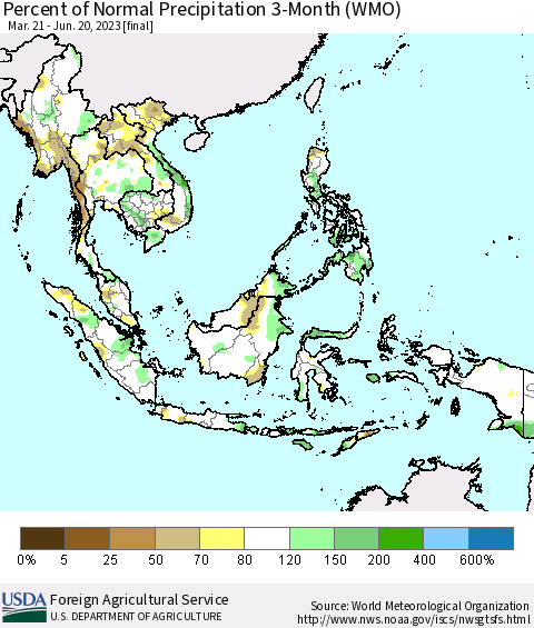 South East Asia Percent of Normal Precipitation 3-Month (WMO) Thematic Map For 3/21/2023 - 6/20/2023