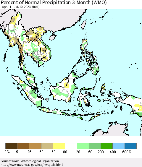 South East Asia Percent of Normal Precipitation 3-Month (WMO) Thematic Map For 4/11/2023 - 7/10/2023